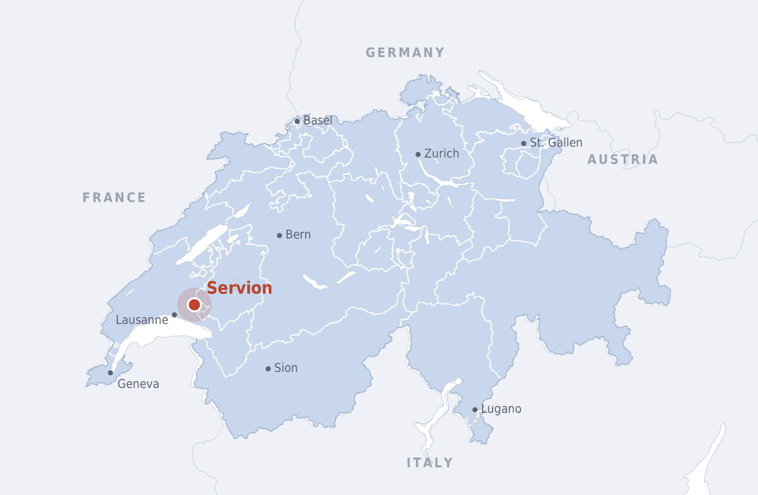 Carte de la Suisse et des pays voisins, avec Servion, dans le canton de Vaud, marqué en rouge.